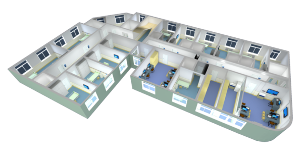 采用3D编辑器对楼层房间分布进行1:1比例绘制，并且可以对墙面、地板进行贴图材质的修改。包含基础办公家具、病床及设备的三维展示，楼层房间设备虚拟仿真：支持将建筑内部3D模型按照楼层进行逐层展开。可将各个区域或房间、科室的信息进行公用信息展示，且能以各种视角、角度来查看整体环境。可从建筑外观开始，逐级进入医院环境，可点击单个房间查看具体的内部情况。